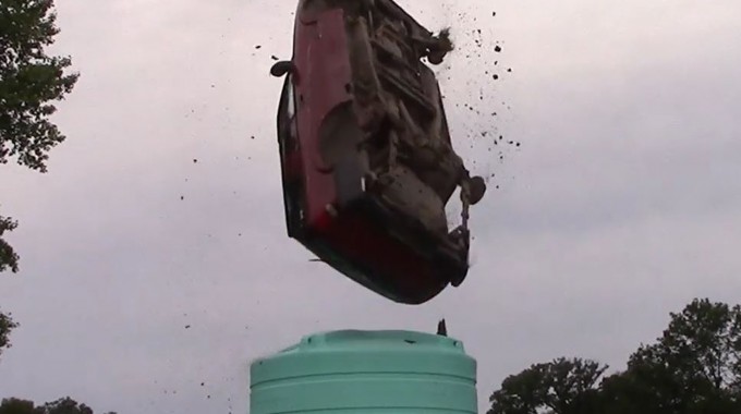 Enduraplas vertical tank test, dropping a car from 35 feet